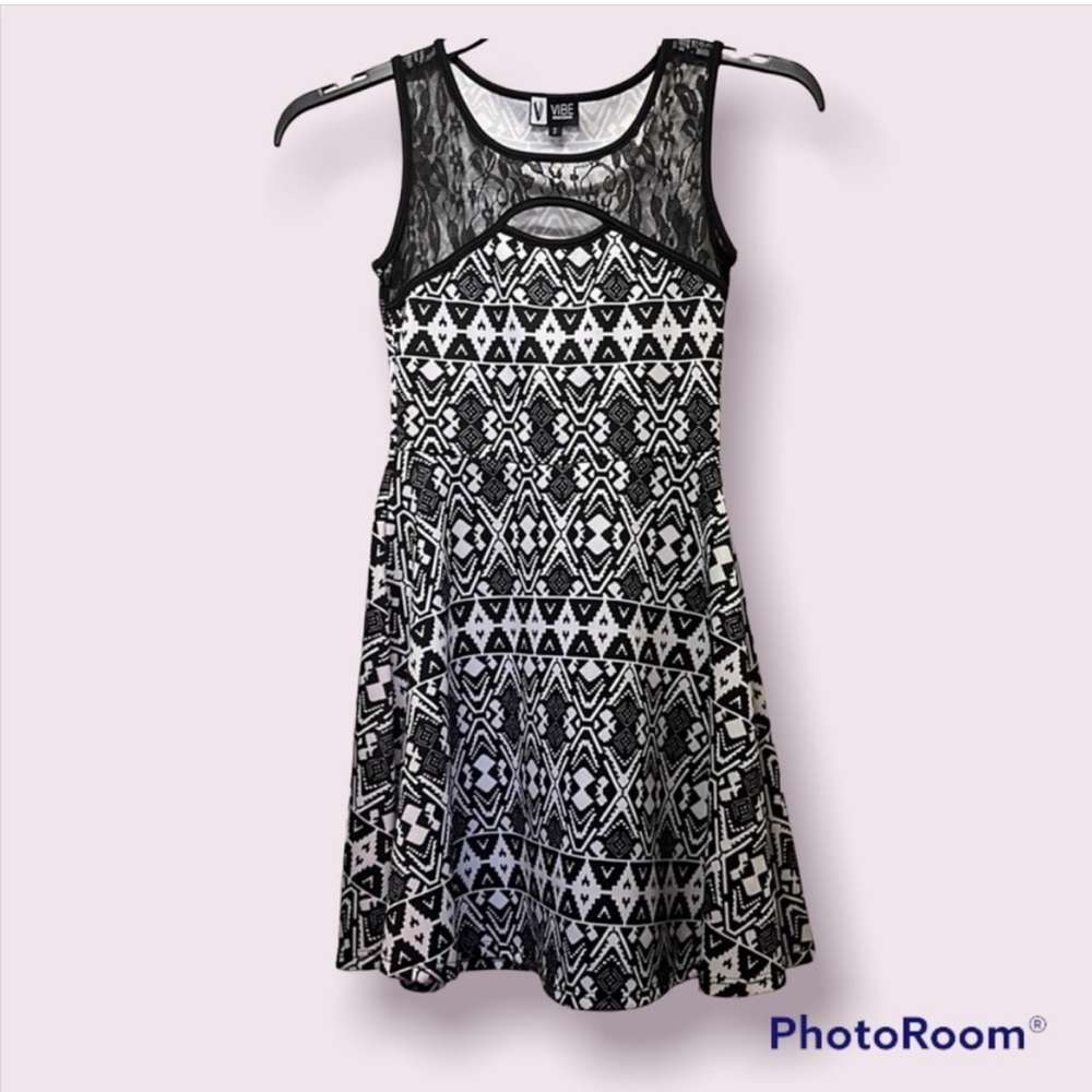 Lace and Tribal Print Black and White A-line Dress